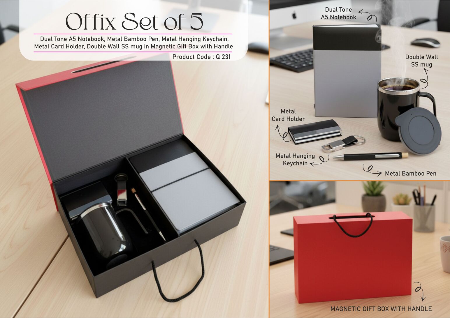 Offix Set of 5: Dual Tone A5 Notebook, Metal Bamboo Pen, Metal Hanging Keychain, Metal Card Holder, Double Wall SS mug in Magnetic Gift Box with Handle