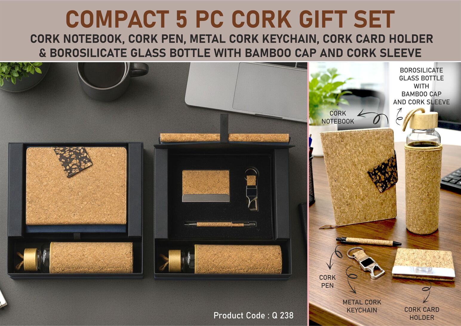 Compact Set of 5: Cork Duo notebook with Magnetic Flap, Glass bottle with Cork sleeve, Cork Pen, Cork Keychain with opener, Cork Visiting card holder in Hard board Gift Box