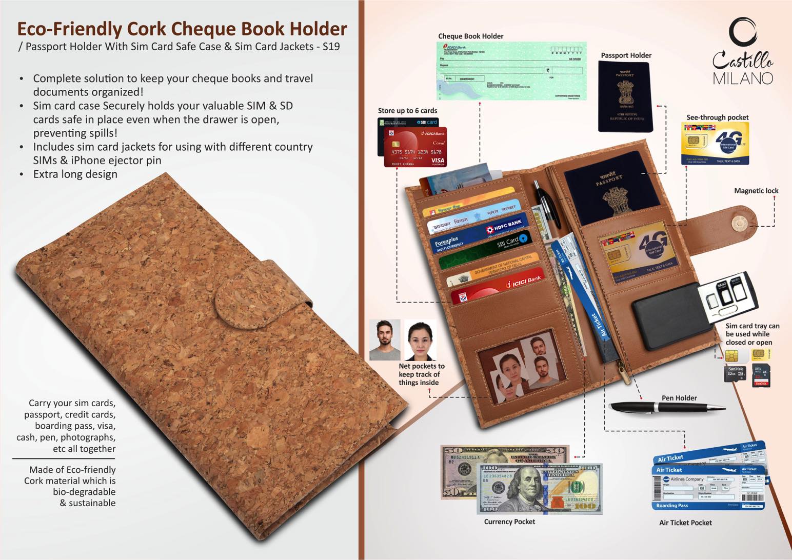 Eco-Friendly Cork Cheque Book Holder / Passport Holder With Sim Card Safe Case & Sim Card Jackets