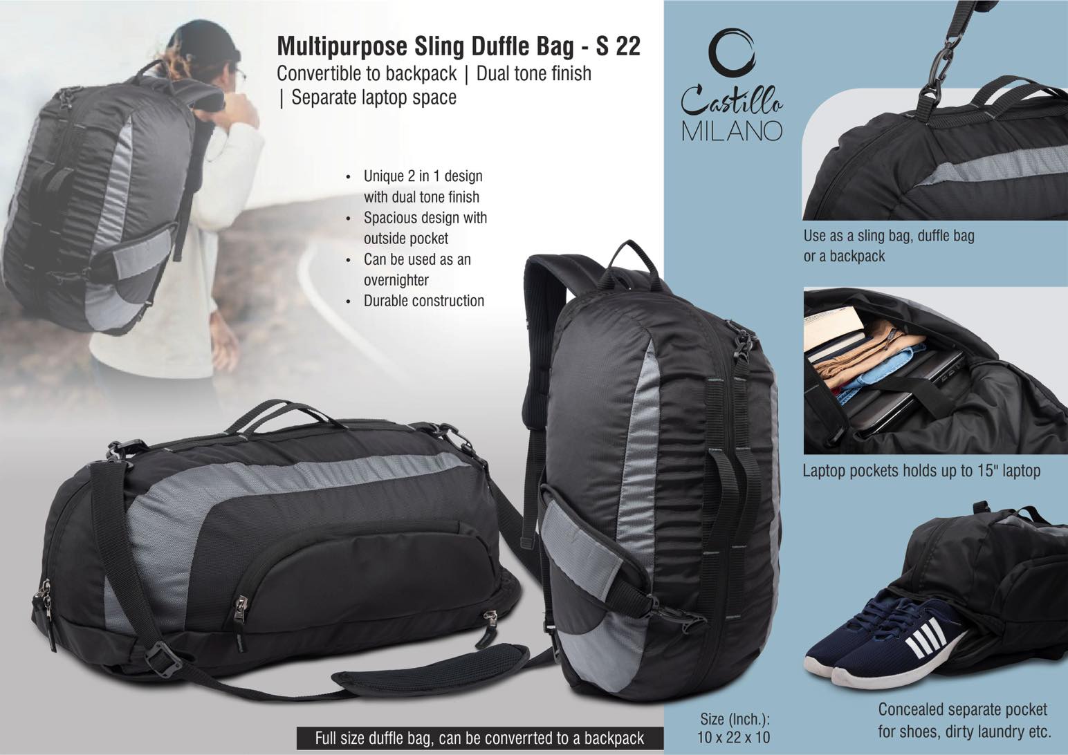 Multipurpose Sling Duffle Bag | Convertible to backpack | Dual tone finish | Separate laptop space