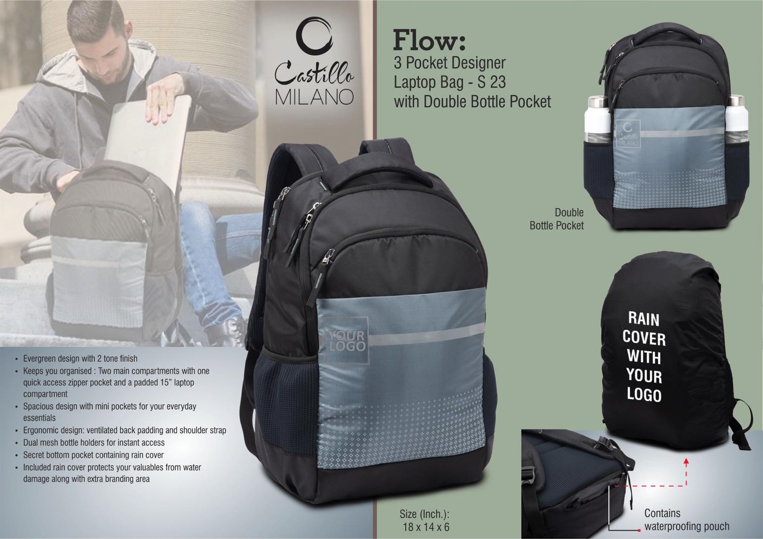 Flow: 3 pocket Designer laptop bag with double bottle pocket and rain cover