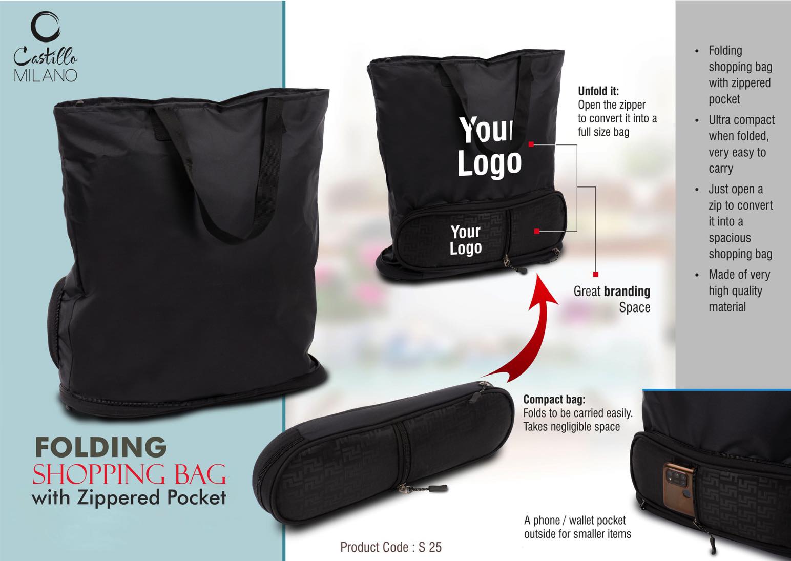 Folding shopping bag with Zippered pocket | Phone, wallet pocket outside