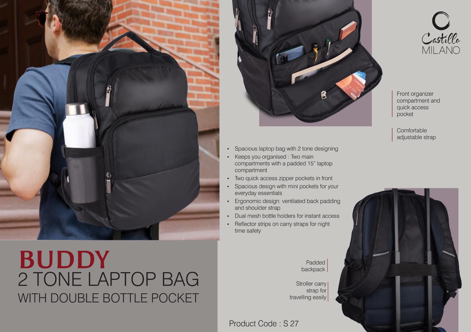 Buddy: 2 tone Laptop bag with double bottle pocket | Front organizer compartment and quick access pocket | Padded backpack