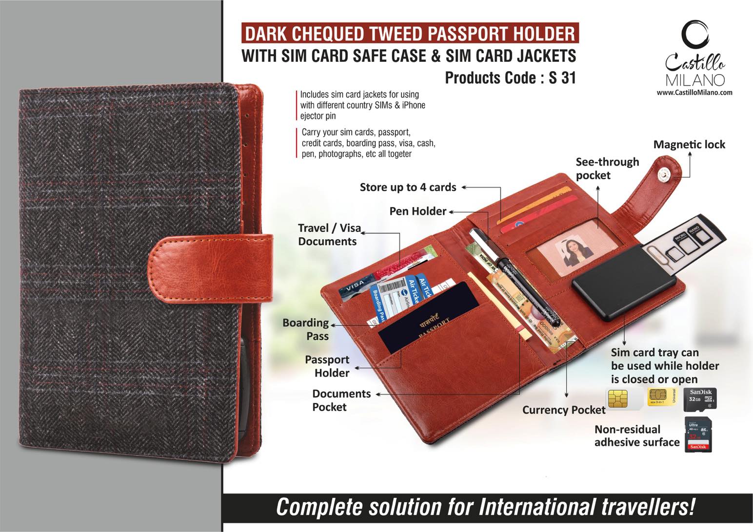 Dark Chequed Tweed Passport holder with Sim Card Safe Case & Sim Card Jackets - https://youtu.be/PGUpEkqGtXQ