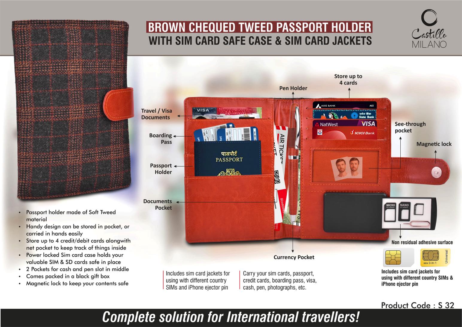 Brown Chequed Tweed Passport holder with Sim Card Safe Case & Sim Card Jackets