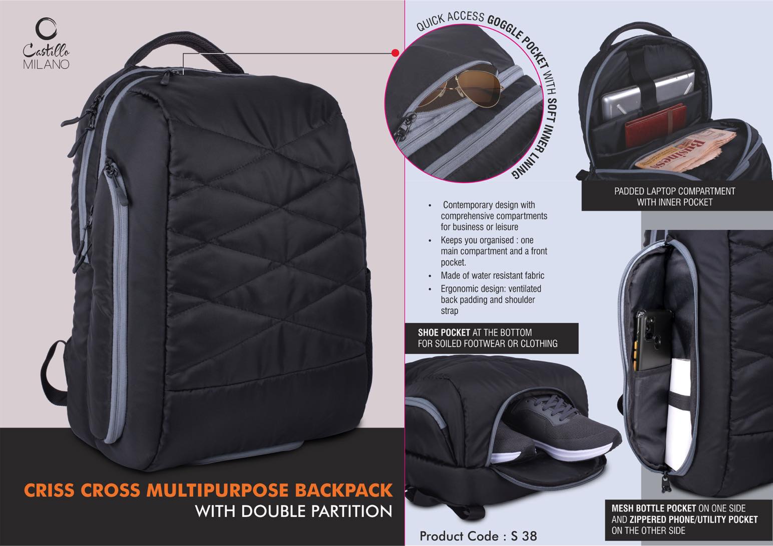 Criss Cross Multipurpose Backpack bag with Double Partition | Hidden phone and Goggle pockets | Separate Shoe Pocket