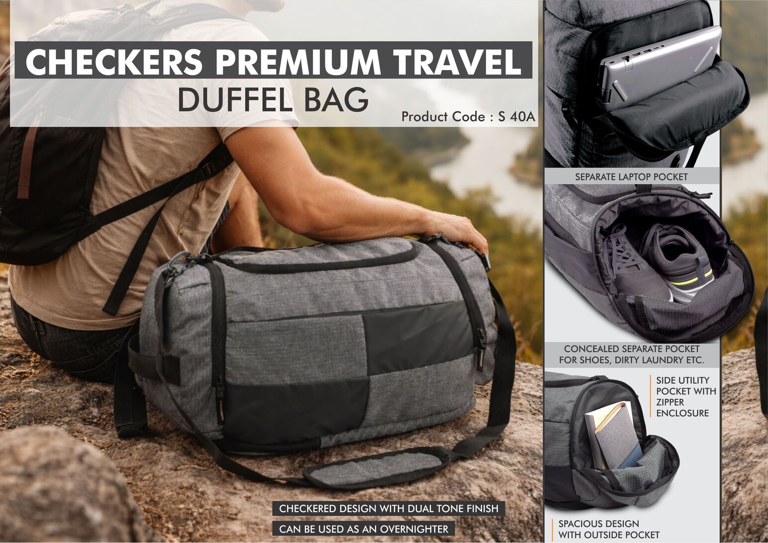 Checkers Premium Travel Duffel bag | Separate Laptop Compartment | Shoe & Utility Pockets on sides