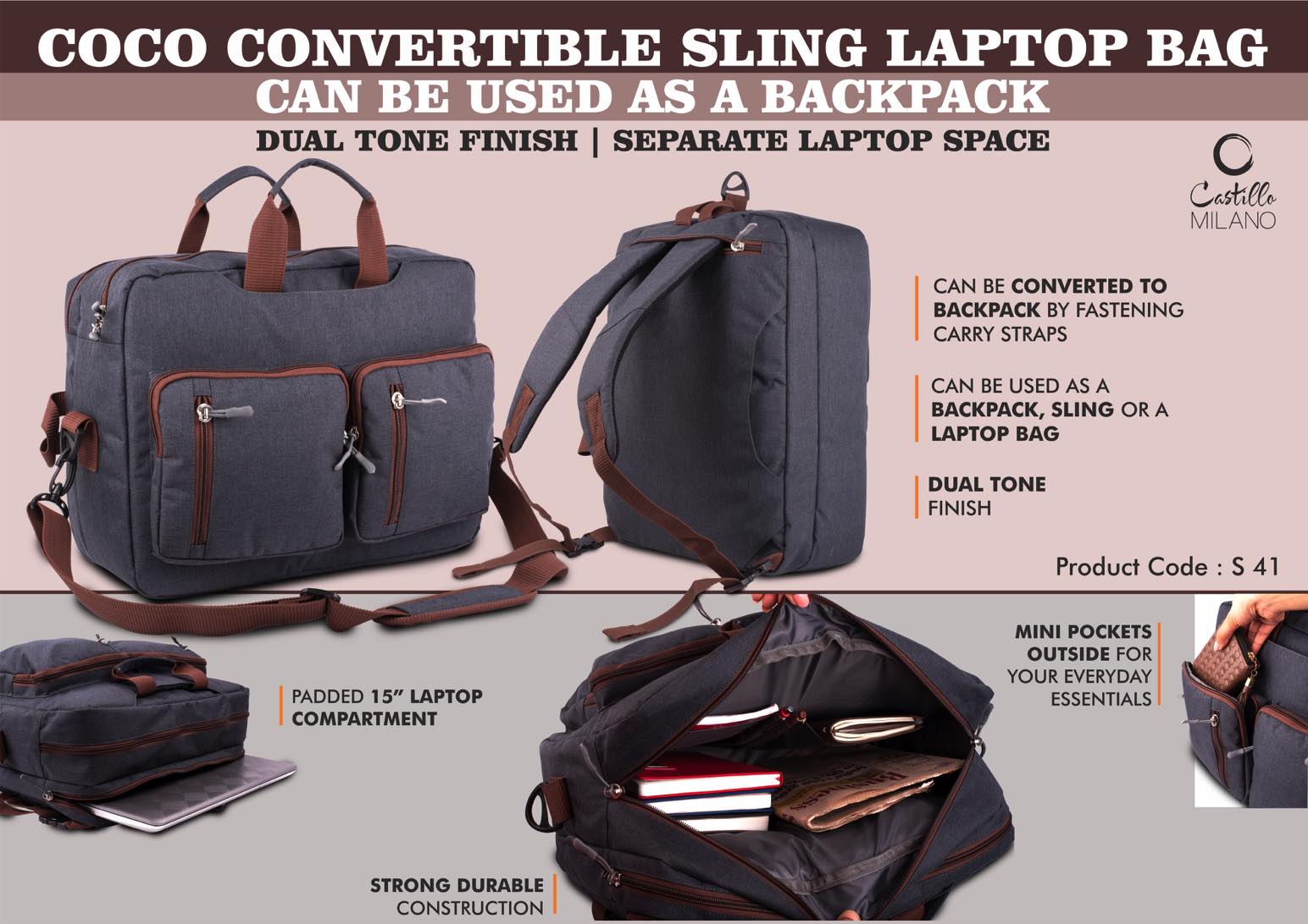 Coco Convertible Sling Laptop Bag | Can be used as a backpack | Dual tone finish | Separate laptop space