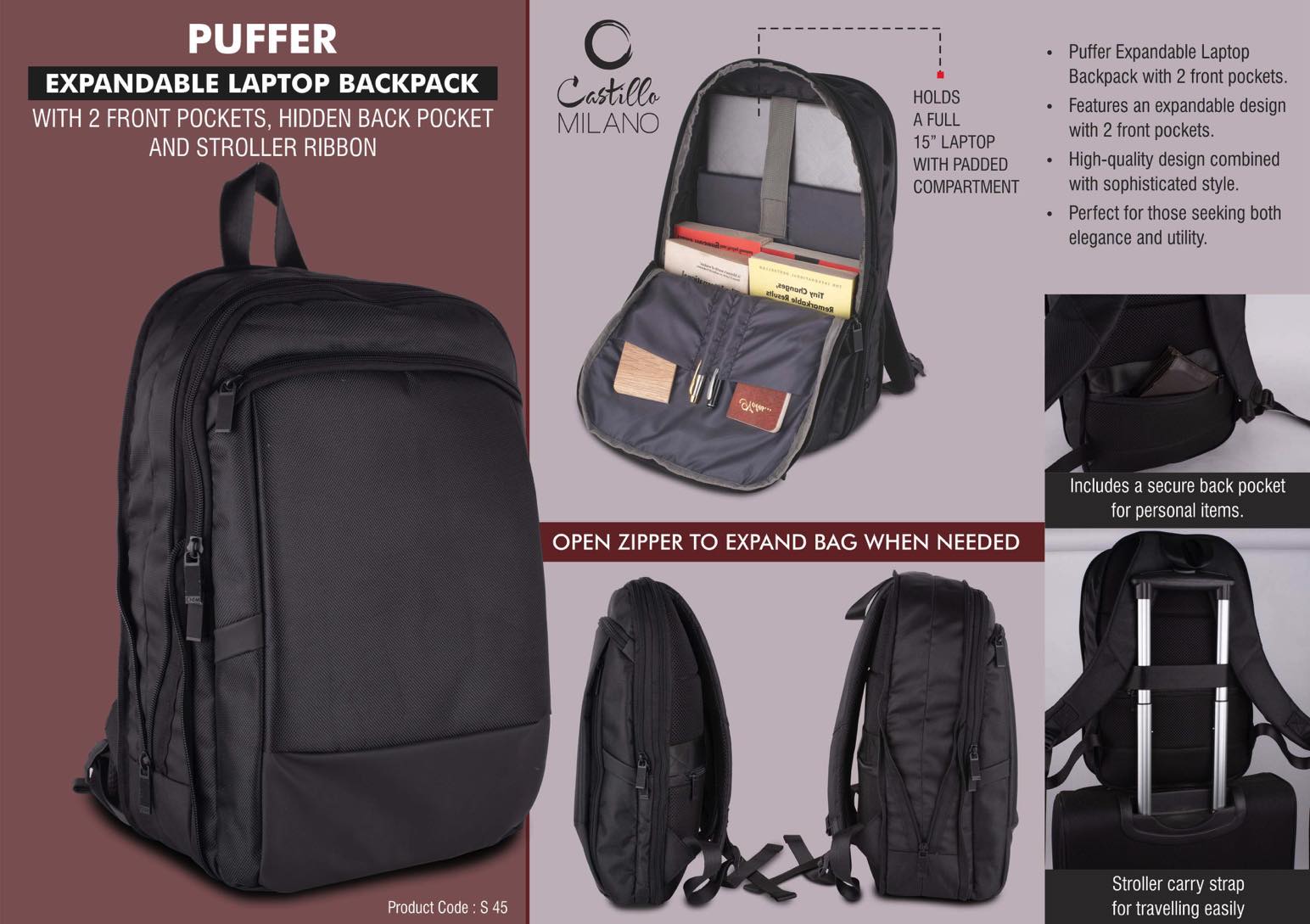 Puffer: Expandable laptop backpack bag with 2 front pockets, hidden back pocket and Stroller ribbon