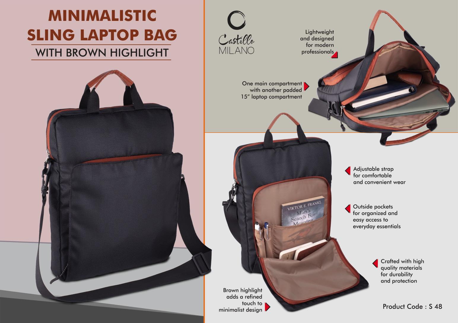 Minimalistic Sling Laptop bag | Sleek design with Brown highlights