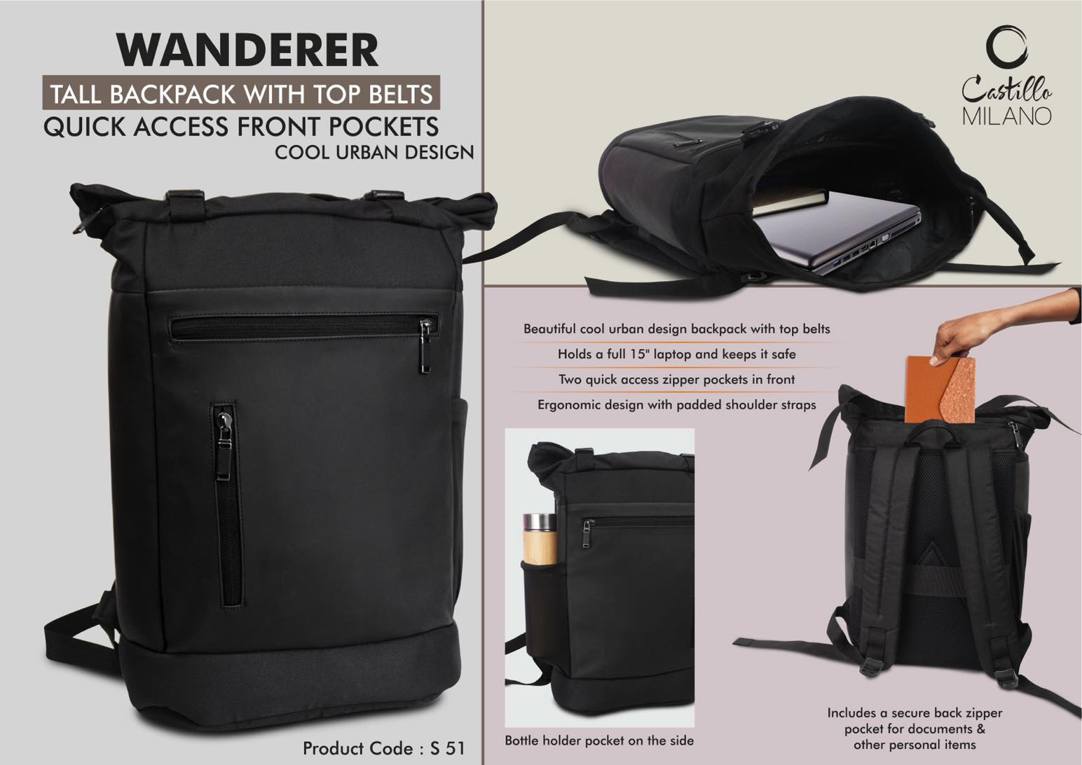 Wanderer: Tall backpack bag with Top belts | Quick access front pockets | Cool urban design