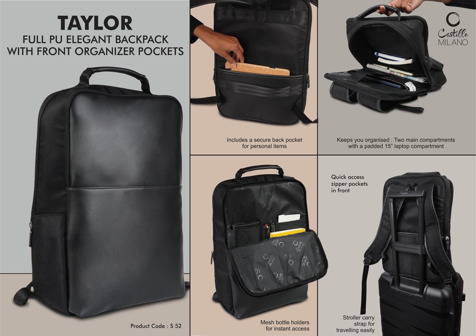 Taylor: Full PU Elegant backpack bag with Front organizer and Hidden back pocket
