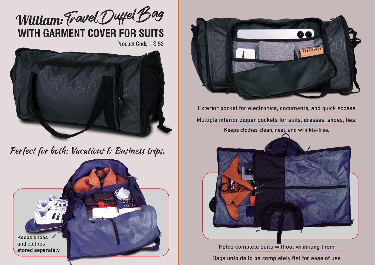 William: Travel Duffel Bag with Garment cover for Suits | Fully openable design | Separate Shoe compartment