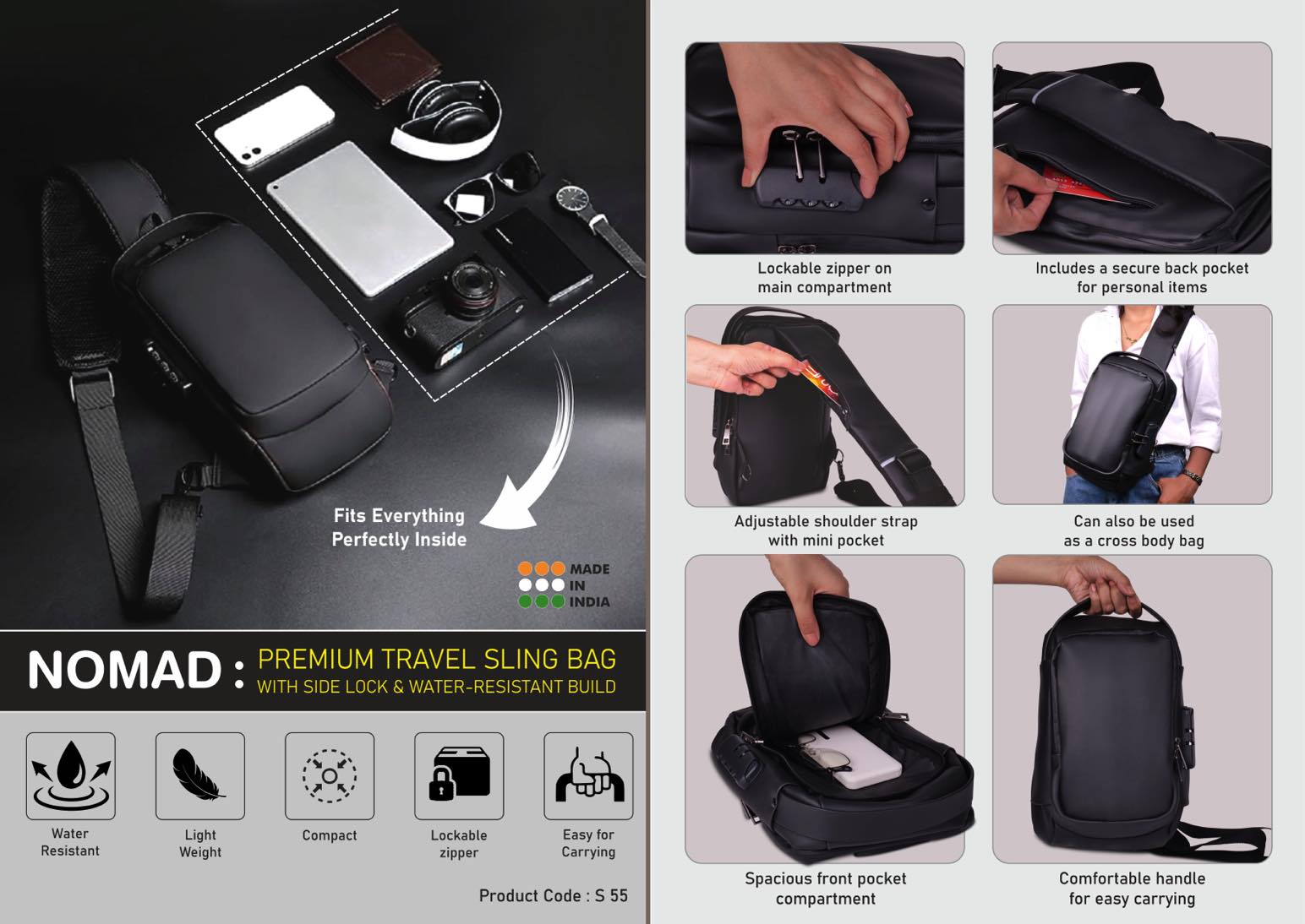 Nomad: Premium travel sling bag with Side lock | Water-Resistant build with 4 pockets | Perfect for travel