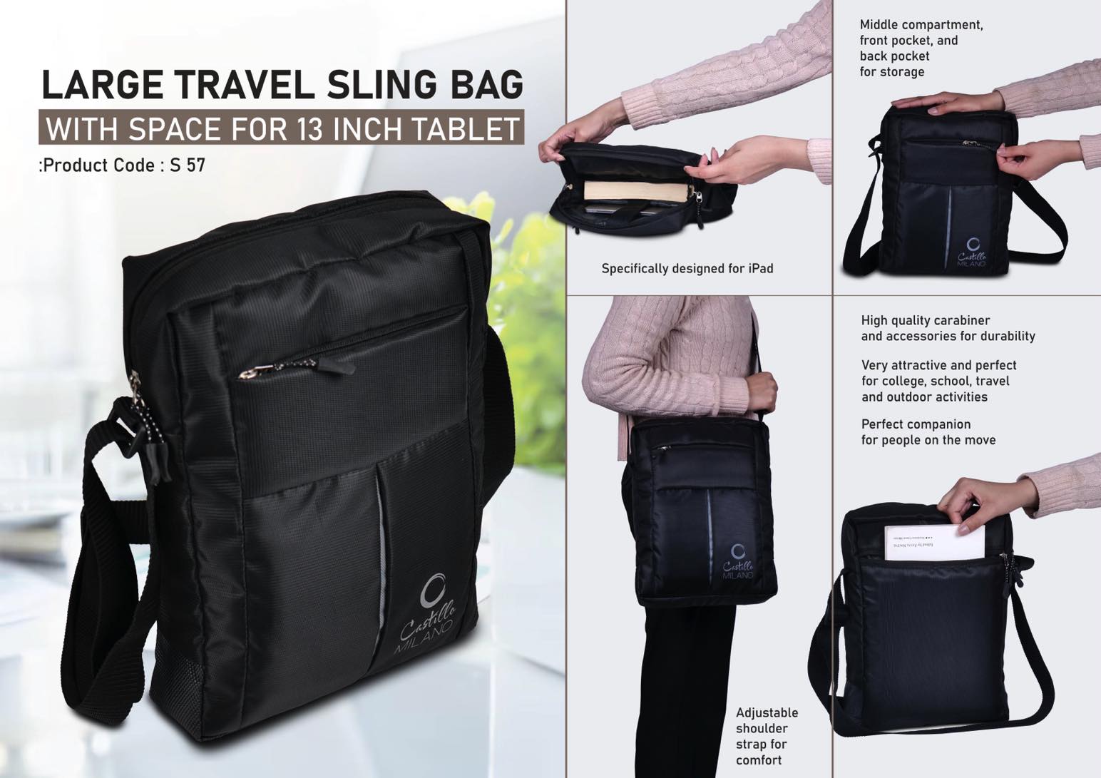 Large Travel sling bag with space for 13 inch Tablet | Perfect for Large iPad