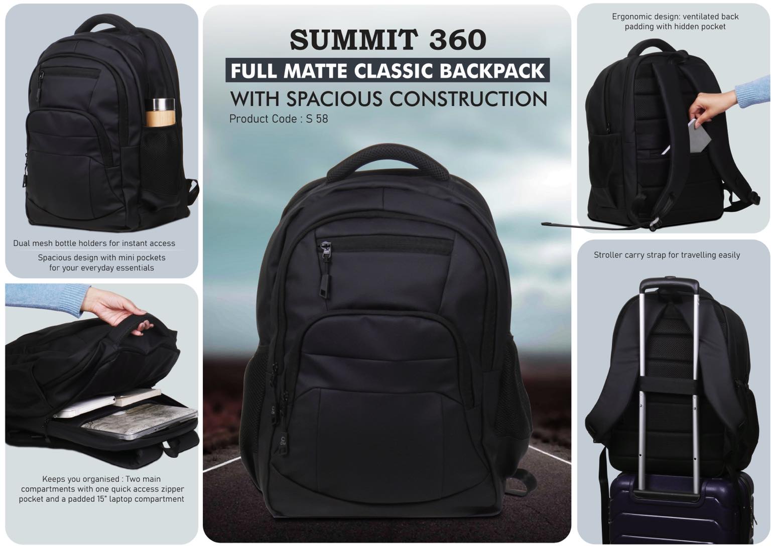 Summit 360: Full matte Classic backpack with spacious construction | Water resistant fabric
