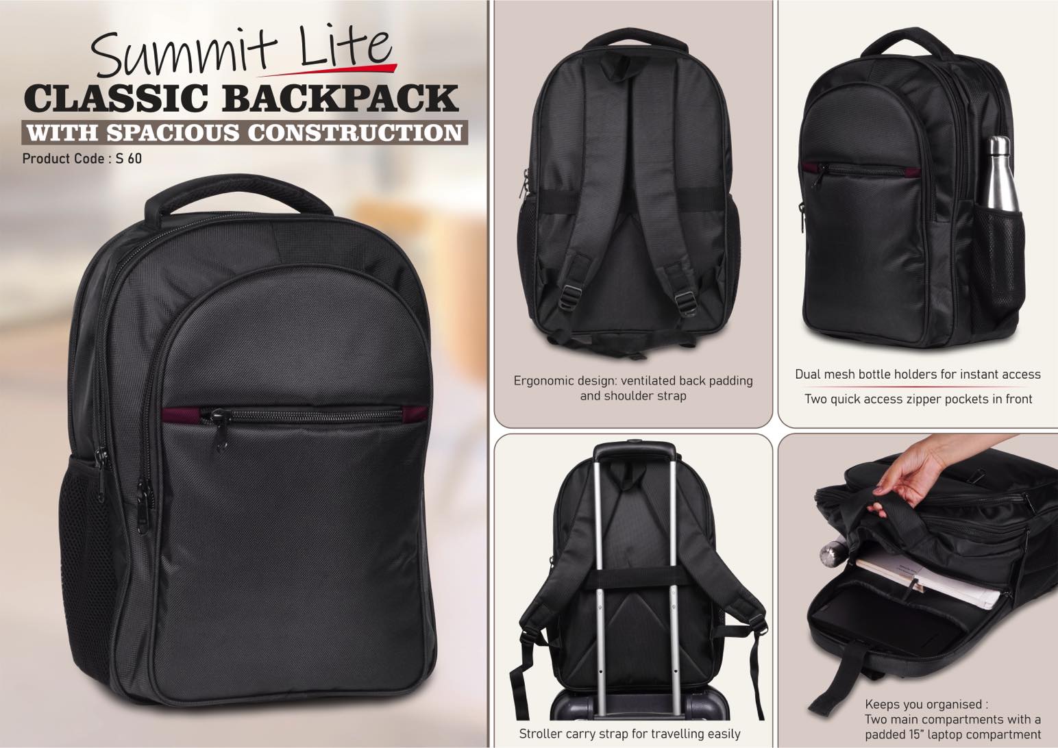 Summit Lite: Classic backpack with spacious construction & maroon highlights | 4 zipper pockets & 2 side mesh pockets | Stroller carry strap