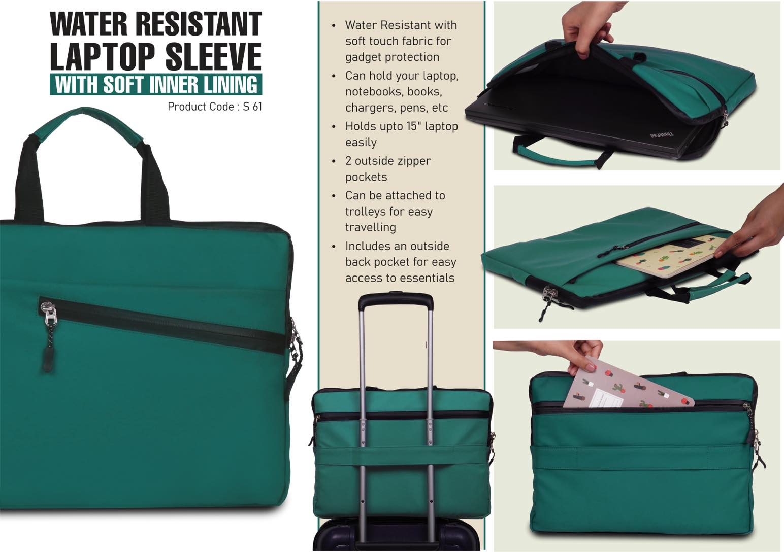 Teal: Water Resistant Laptop Sleeve with Soft inner lining | 3 outside spacious pockets | Soft touch fabric for gadget protection
