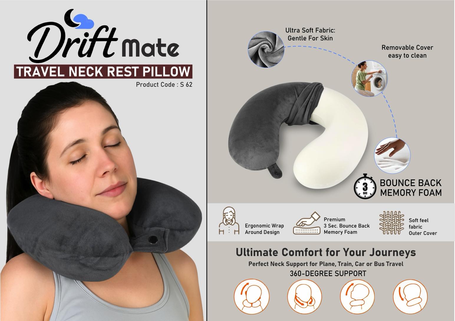 DriftMate: Travel Neck Rest Pillow - U Shaped with Soft fabric | 3 second bounce back memory foam
