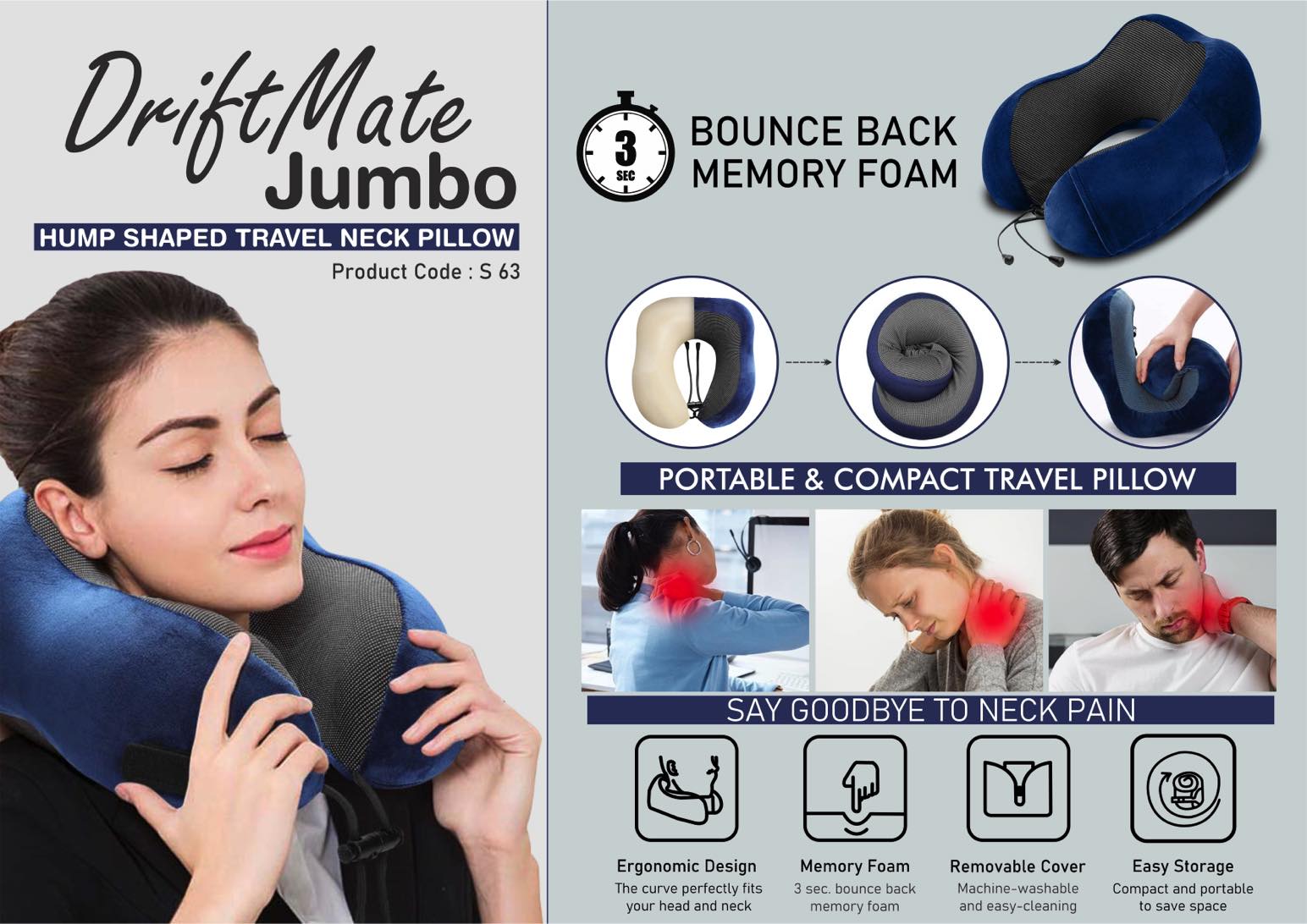DriftMate Jumbo: Hump shaped Travel Neck Pillow - High Coverage of Neck and Cervical support with Soft fabric | 3sec bounce back memory foam