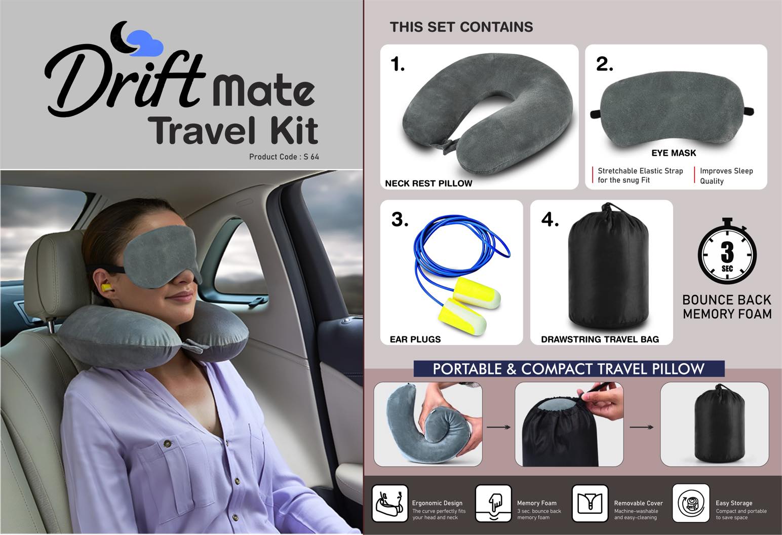 DriftMate Travel Kit: Combo of Memory foam Neck Rest Pillow, eye mask & ear plugs | With Drawstring Travel Bag