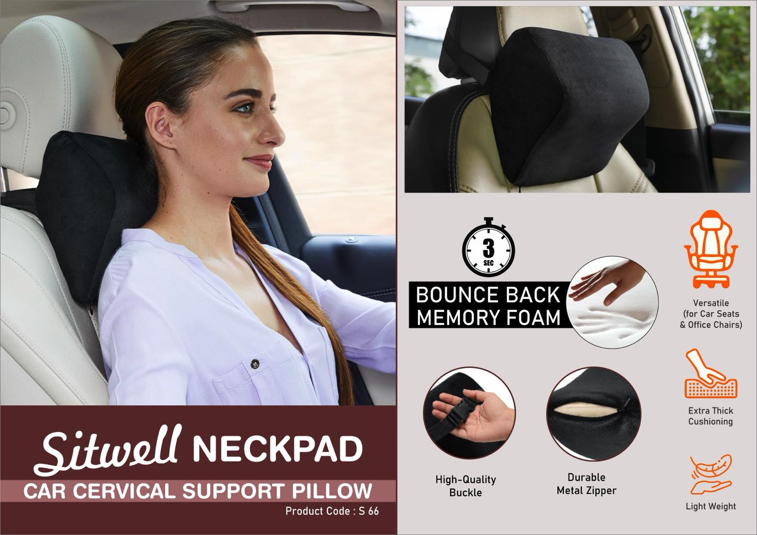SitWell NeckPad: Car Cervical Support Cushion Pillow with Soft fabric | 3 second bounce back memory foam