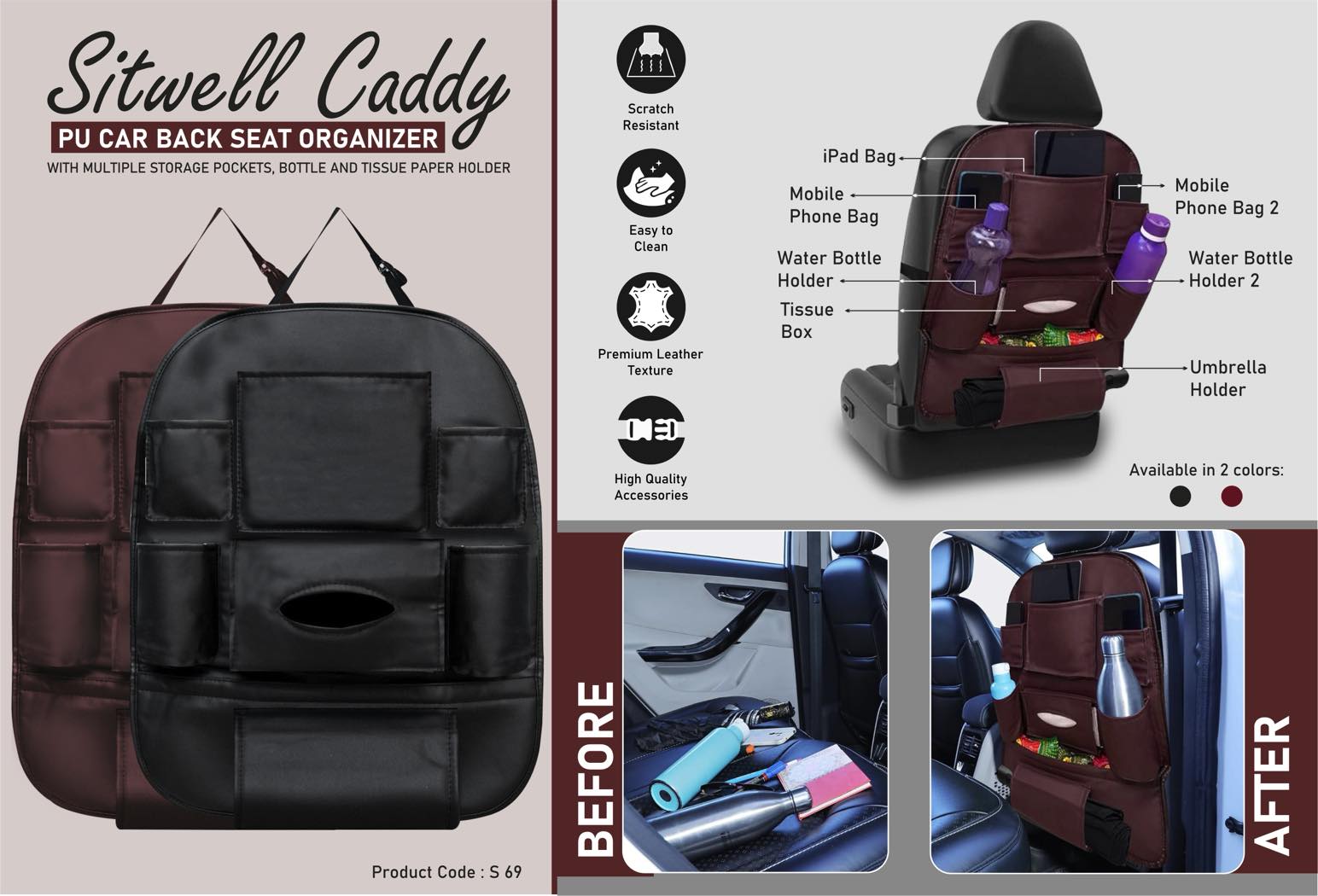 SitWell Caddy: PU Car Back Seat Organizer with Multiple Storage Pockets, Bottle And Tissue Paper Holder