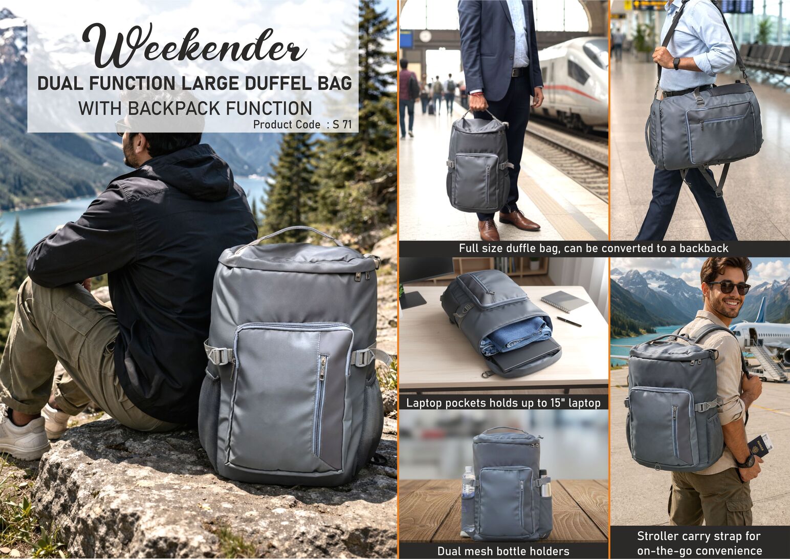 Weekender: Dual function Large Duffel Bag with Backpack function | Can be used as an Overnighter | Water resistant fabric | Spacious outside pockets