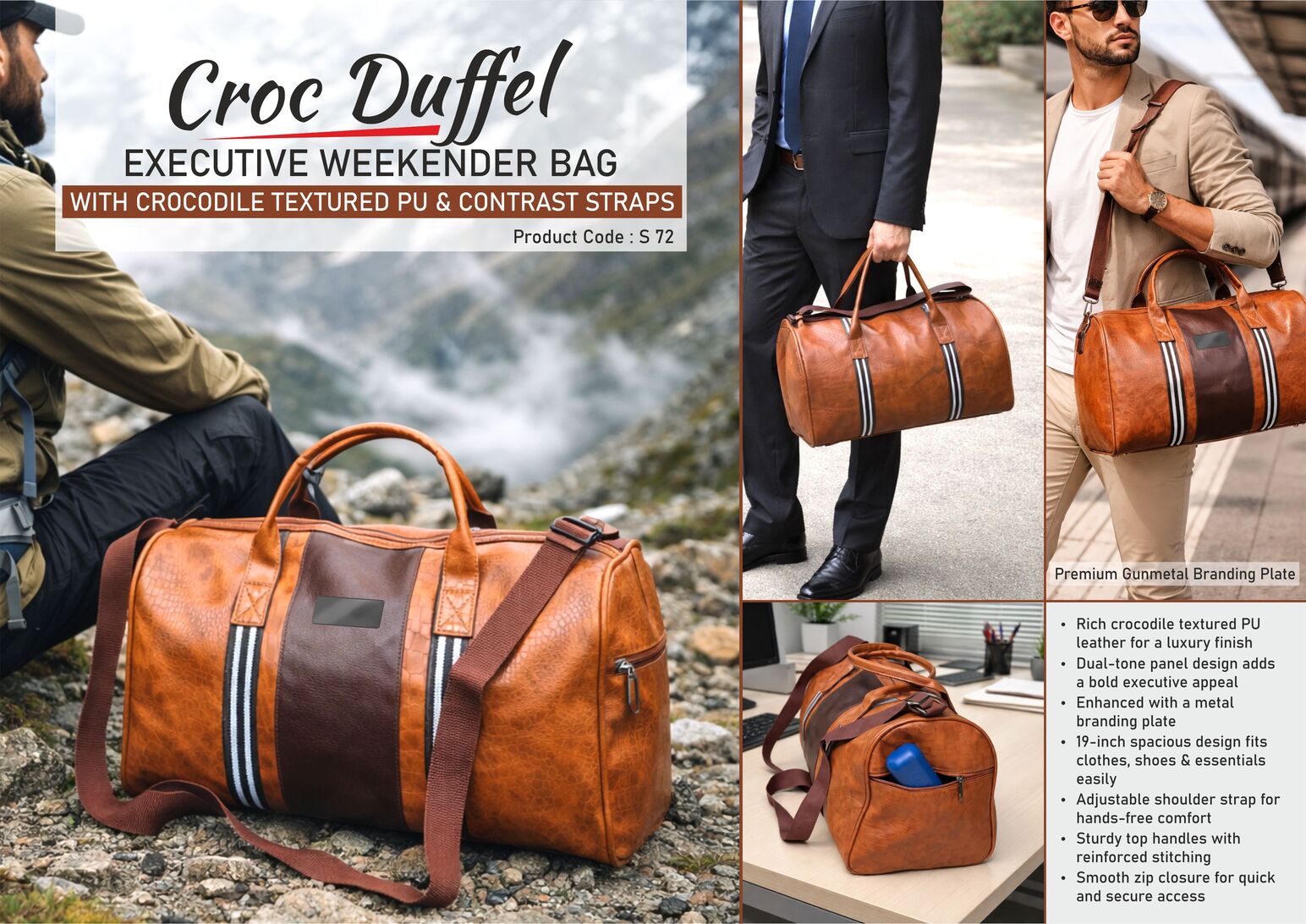 Croc Duffel: Executive Weekender Bag with Crocodile Textured PU & Contrast Straps | 19 inch length | Metal Branding plate