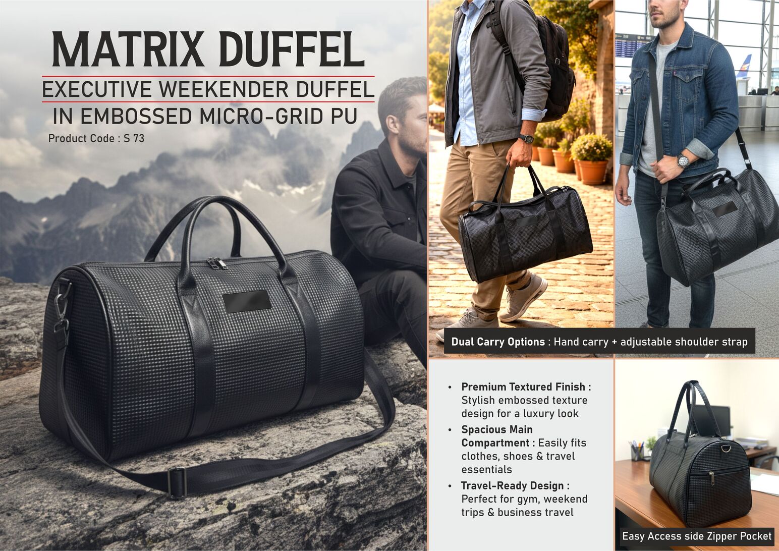 Matrix Duffel: Executive Weekender Duffel in Embossed Micro-Grid PU | 19 inch length | Super premium finish | Metal Branding plate