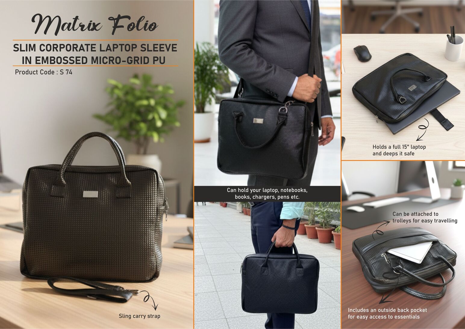 Matrix Folio: Slim Corporate Laptop Sleeve in Embossed Micro-Grid PU | Super premium finish | Stroller carry strap | Metal Branding plate