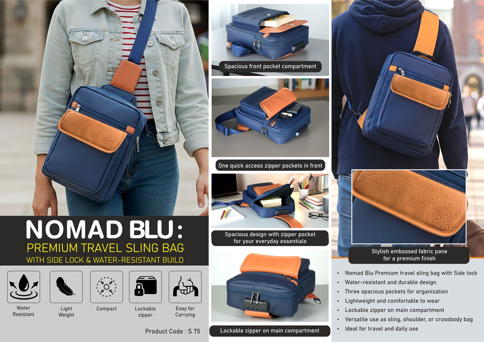 Nomad Blu: Premium travel sling bag with Side lock | Waterproof build with 3 pockets | Perfect for travel