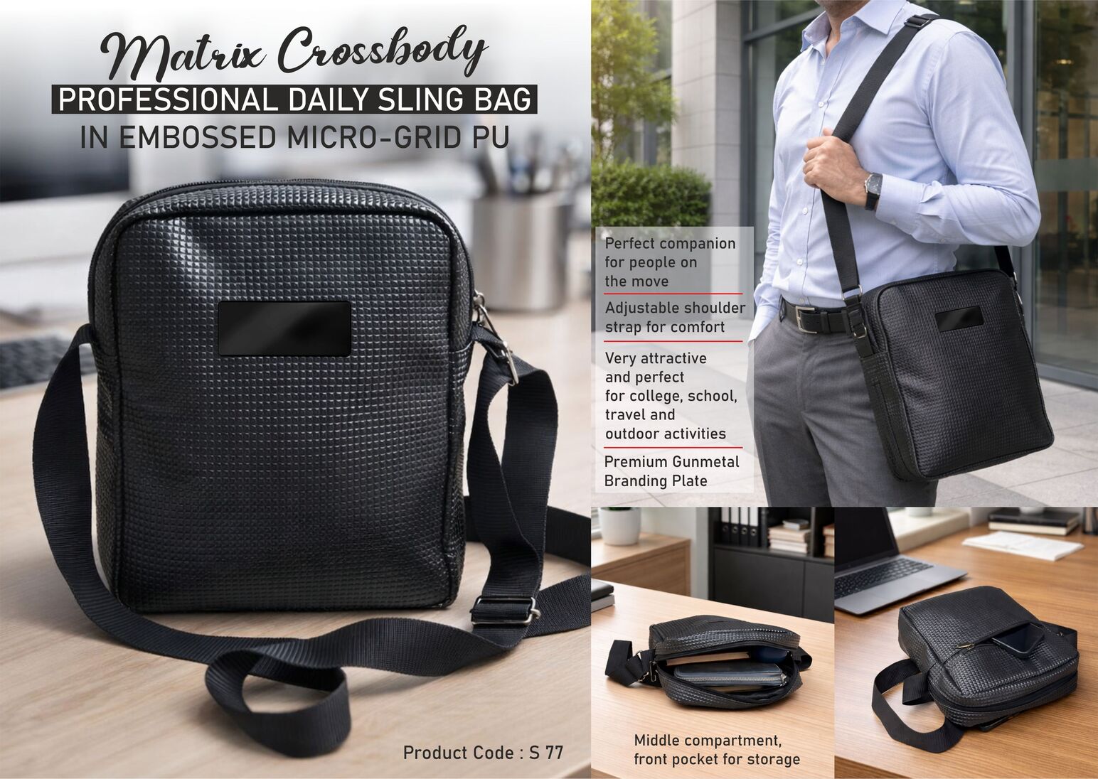 Matrix Crossbody: Professional Daily Sling Bag in Embossed Micro-Grid PU | Super premium finish | Metal Branding plate