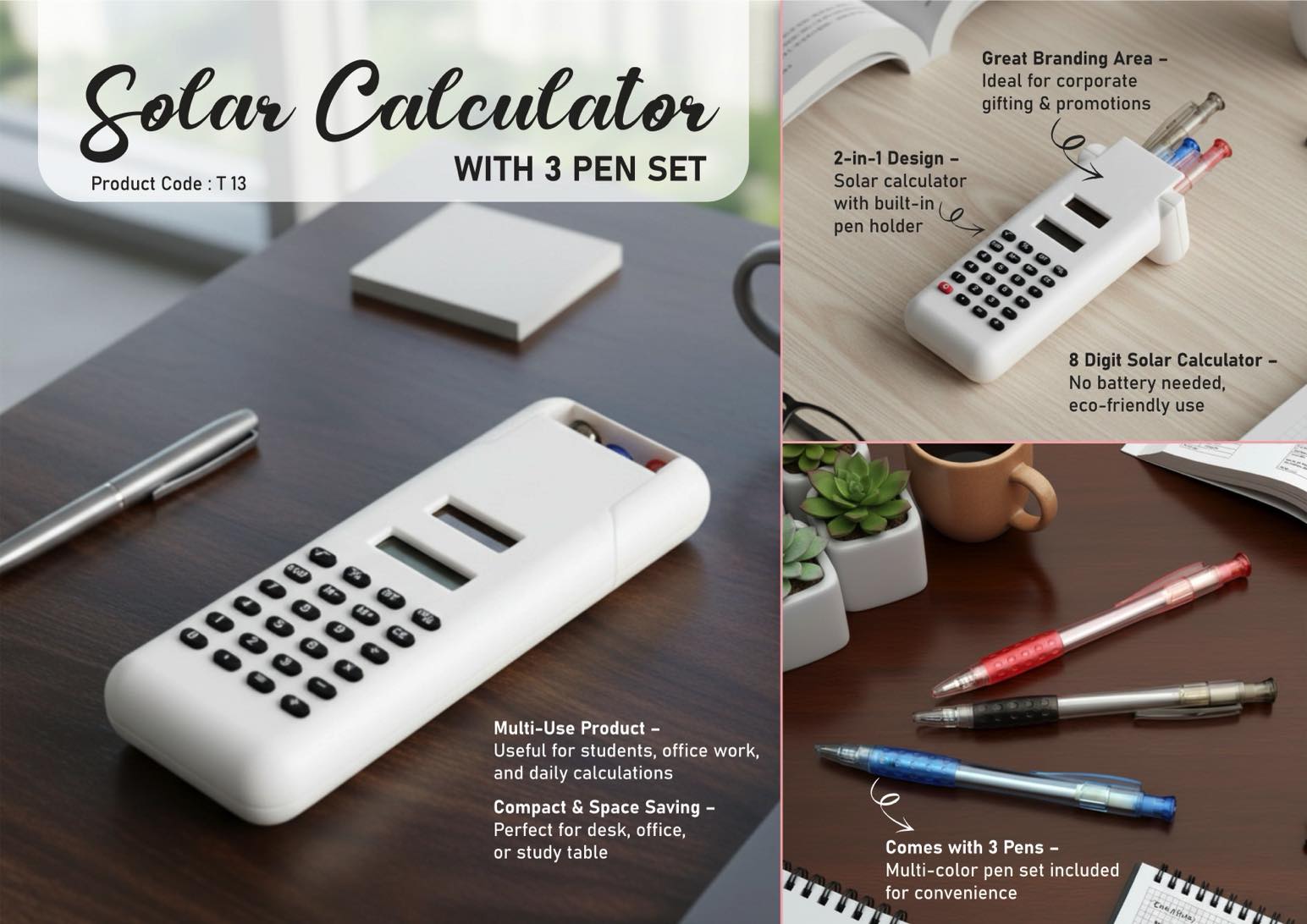 Solar calculator with 3 pen set
