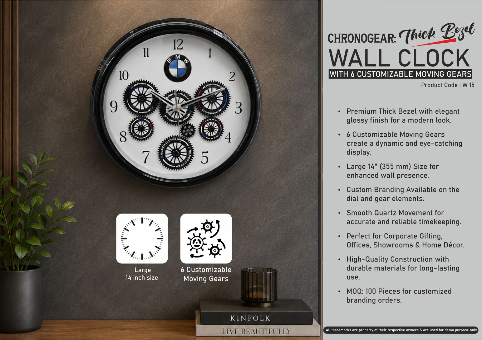ChronoGear Canvas: Thick Bezel Wall clock with 6 Customizable moving gears | Large 14" clock size | Dial size 275mm | Branding MOQ 100 pc