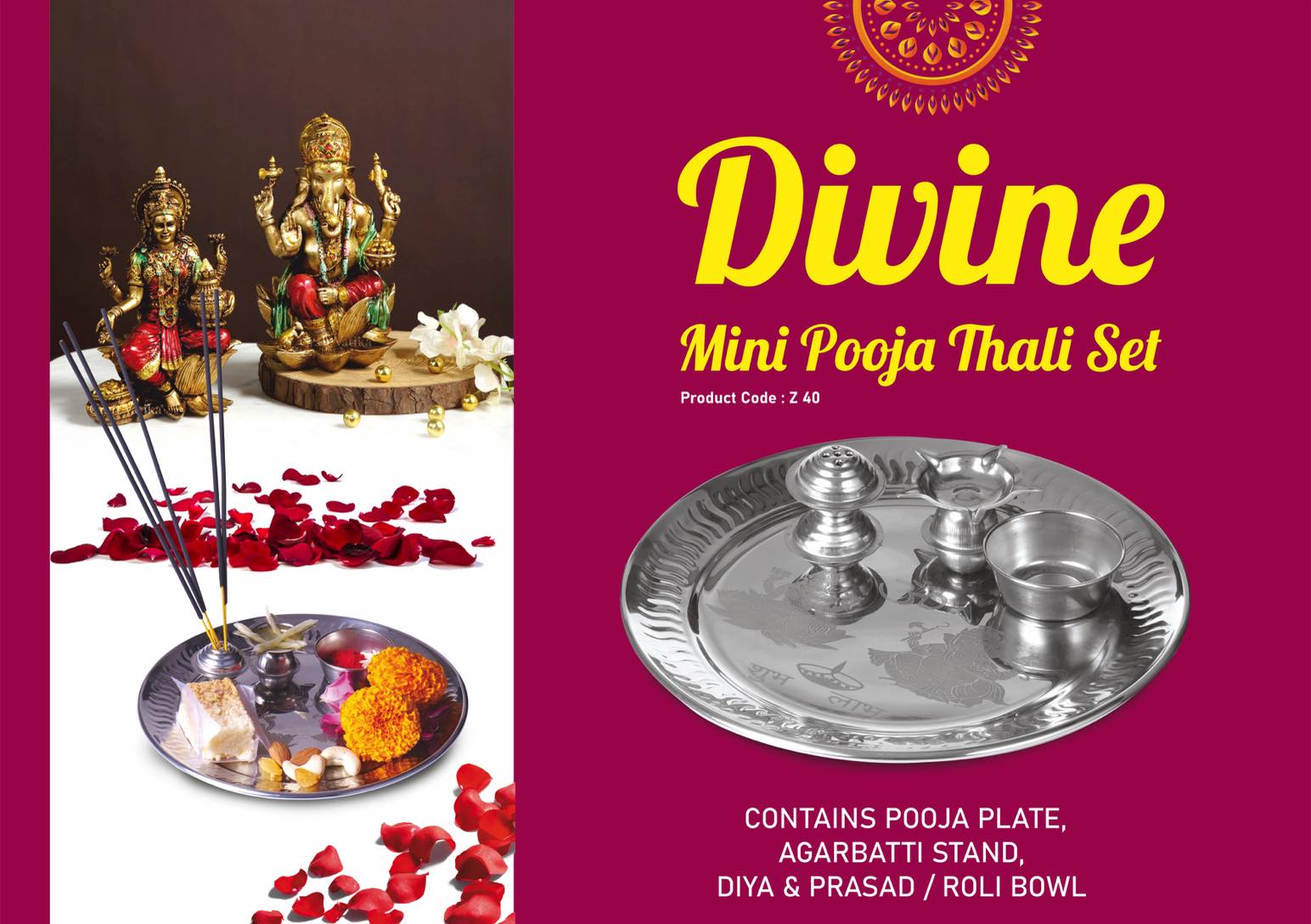 Divine Mini Pooja Thali set | Contains Pooja Plate, Agarbatti stand, Diya, Prasad bowl | Contents attached with plate